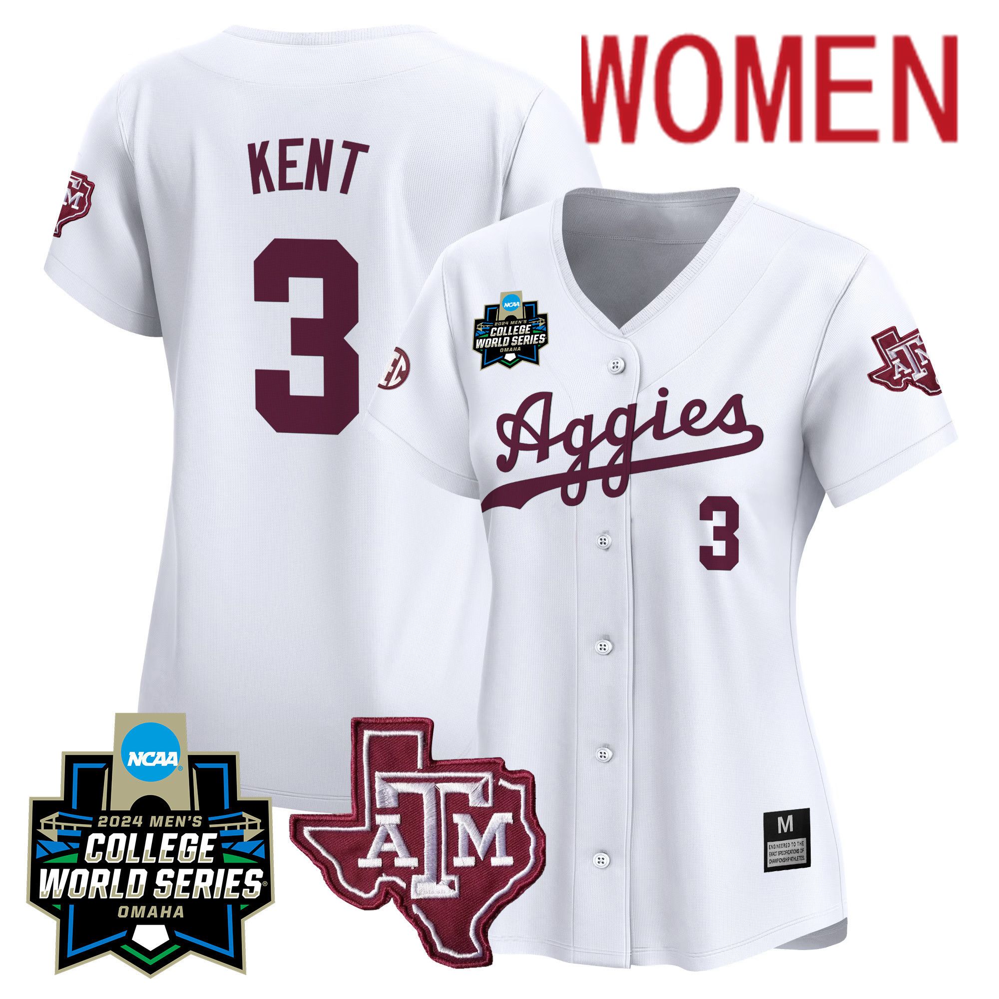Women Texas A&M Aggies #3 Kent White 2024 College World Series Vapor Premier Limited NCAA Jersey